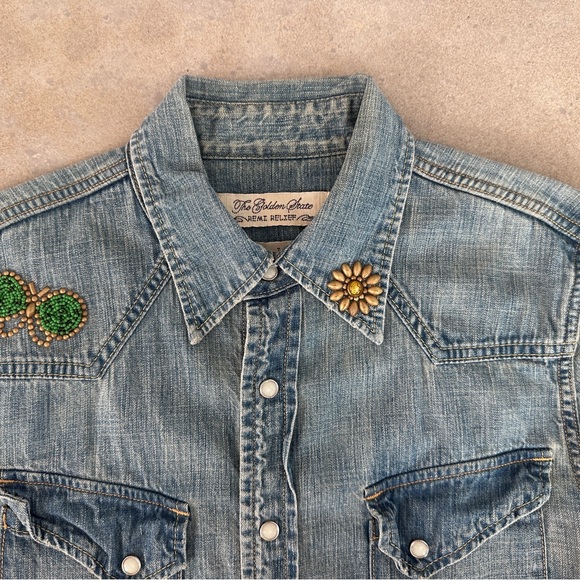 REMI RELIEF Distressed Embellished Denim Shirt - Picture 10 of 12